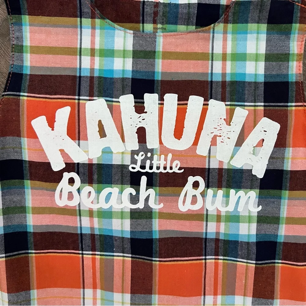 🍄 3/$15 Carter’s Romper Boys 18M Orange Plaid Beach Bum Surf Graphic Cotton